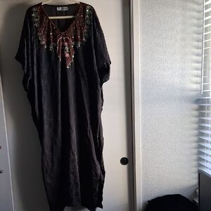 Vintage Sante Satin Embroidered Kaftan Gown Maxi Length Black O/S